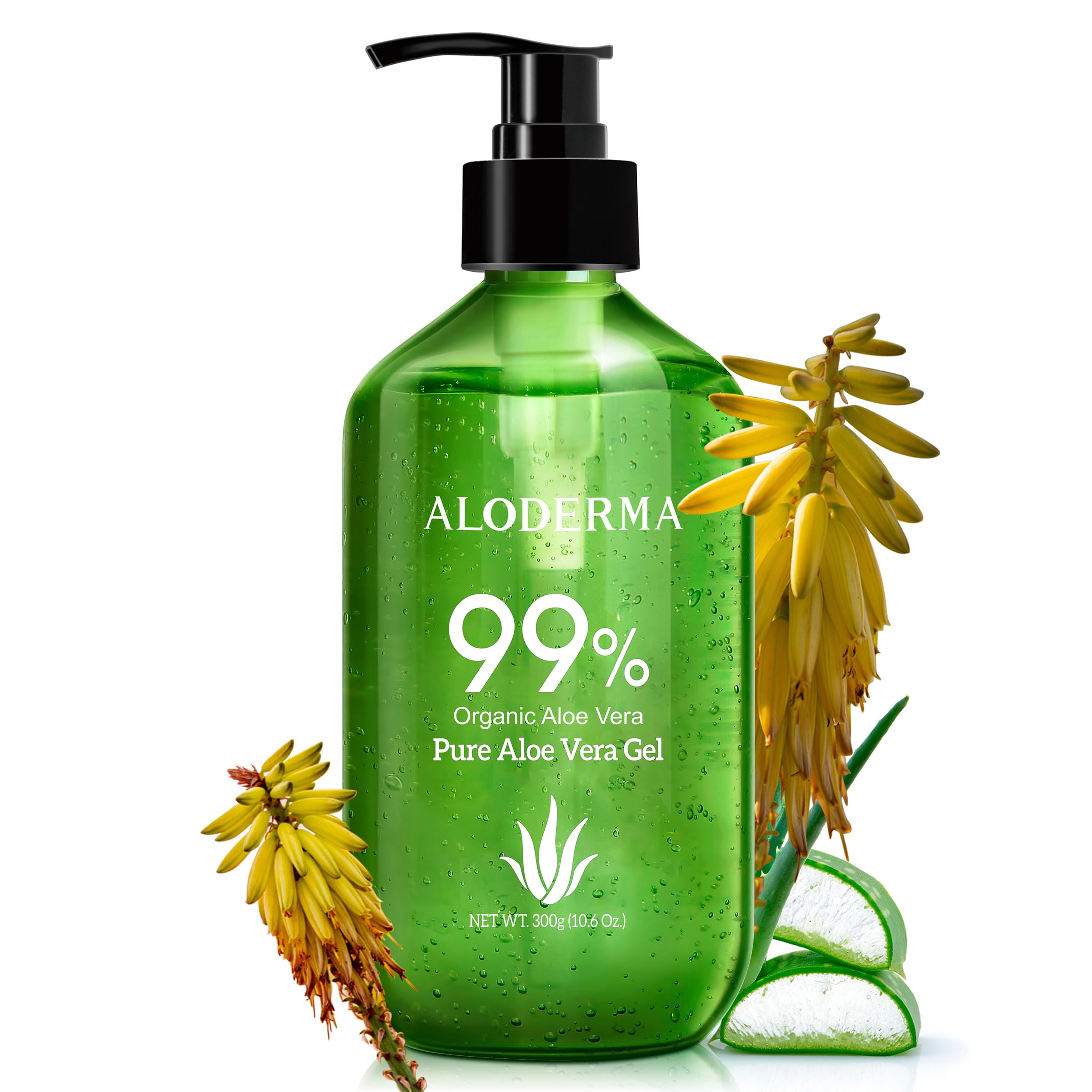 Aloderma pump bottle front showing clean packaging and easy dispensing benefit