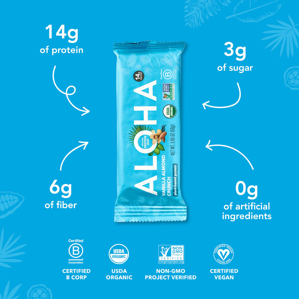 ALOHA macro shot of almond pieces and bar texture demonstrating real ingredients and crunchy mouthfeel