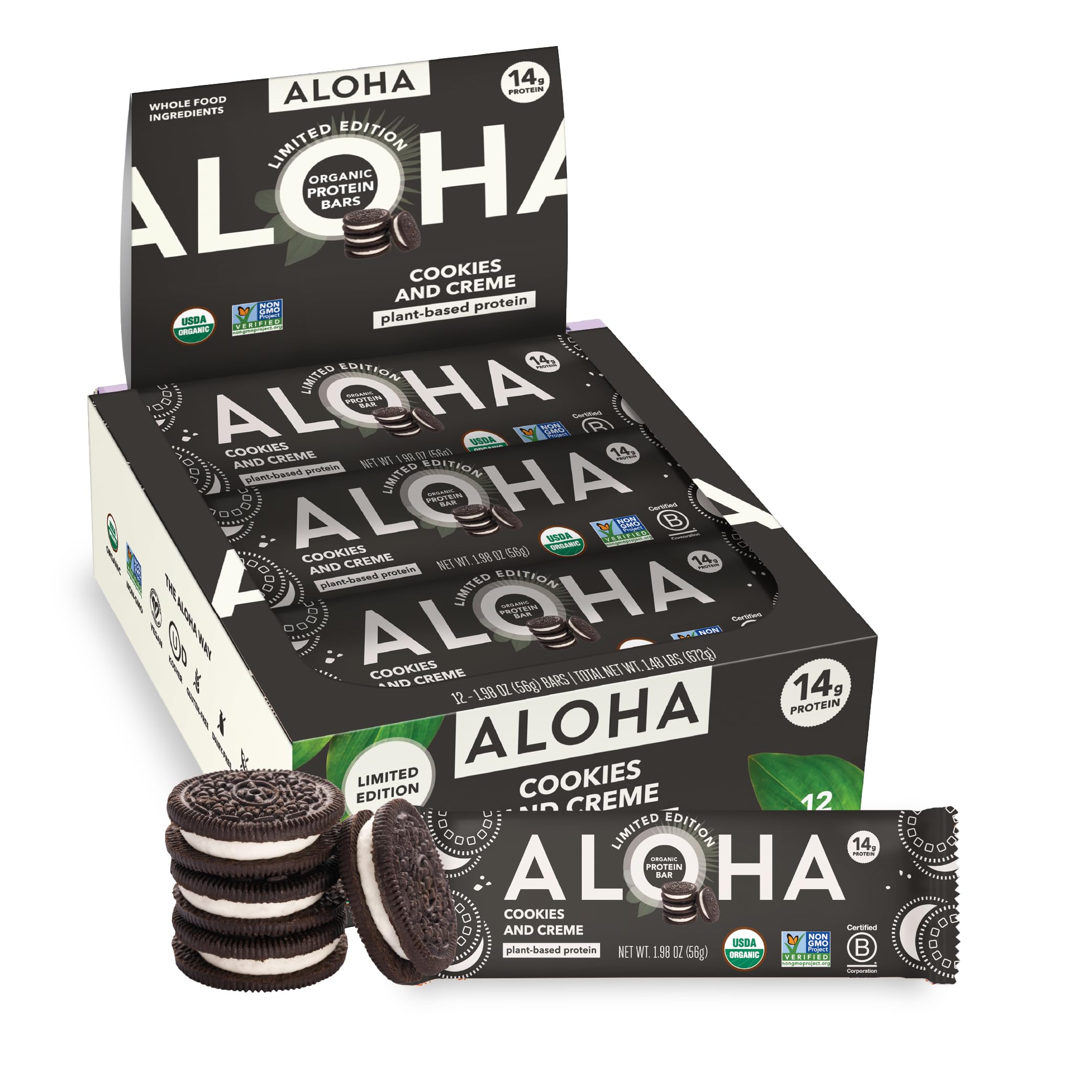 ALOHA box front packaging showing cookies and creme bars, highlights organic benefits