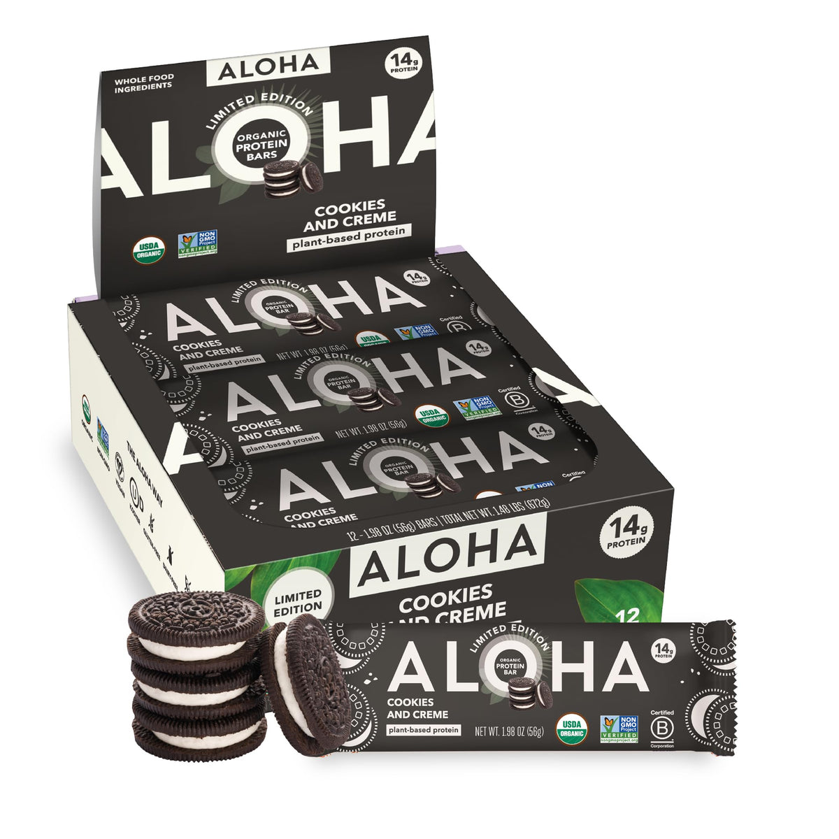 ALOHA box front packaging showing cookies and creme bars, highlights organic benefits
