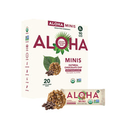 ALOHA box front packaging showing 20 mini bars and organic seal, convenient storage benefit