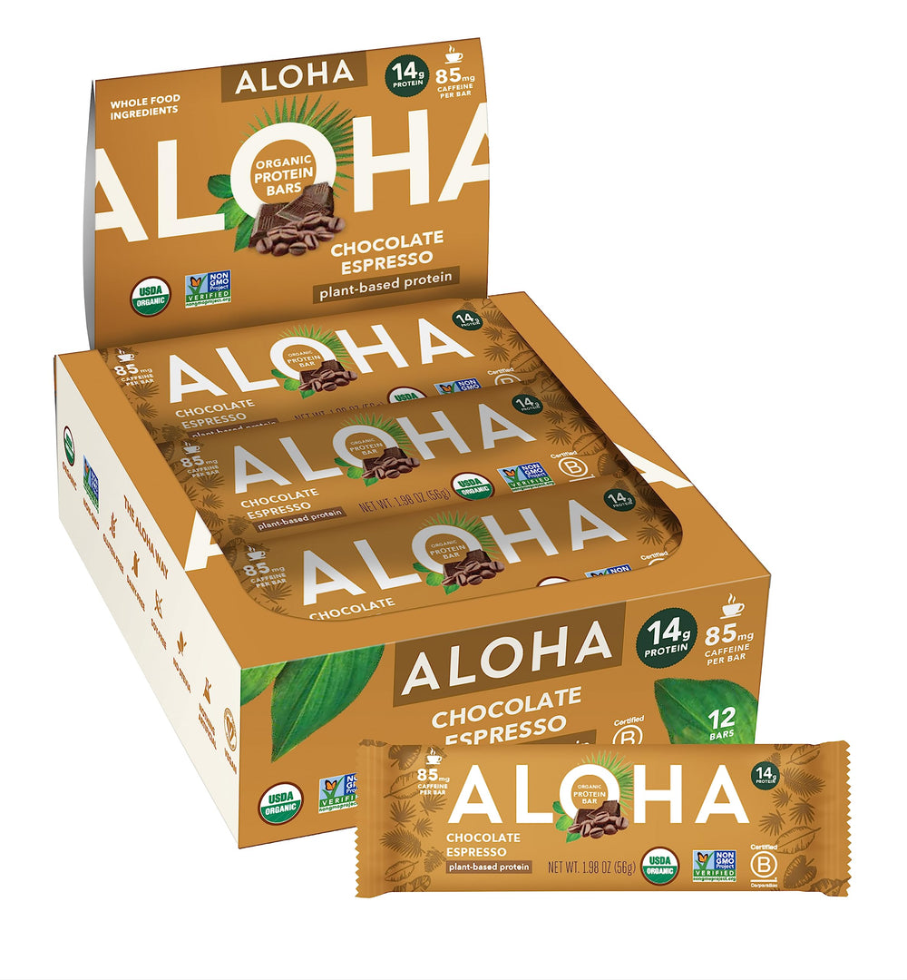 ALOHA box front view showcasing organic chocolate espresso bars and benefits