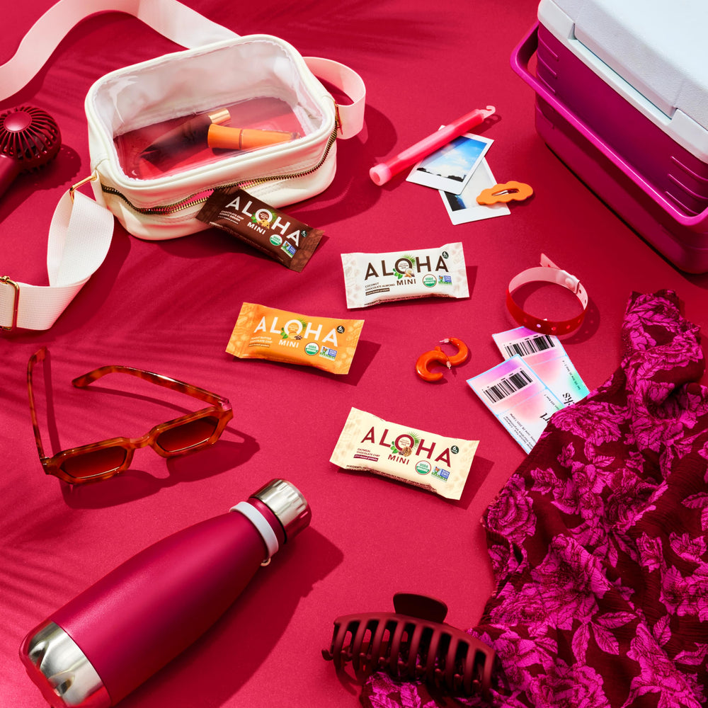 ALOHA minis on a breakfast table illustrating on-the-go nutrition and snack versatility