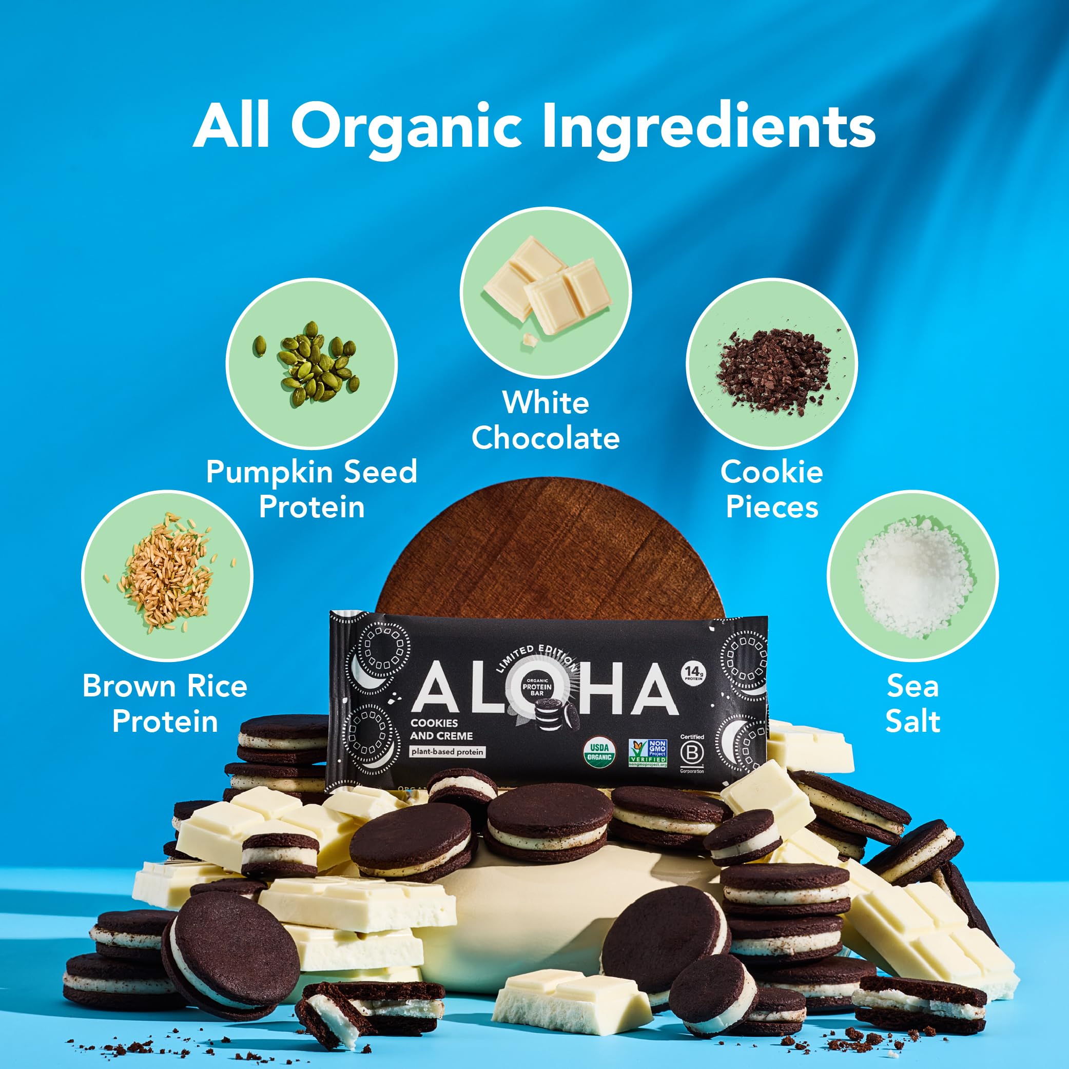 ALOHA close-up of chocolate cookie crumbles on bar, shows crunchy texture and real ingredients