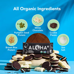 ALOHA close-up of chocolate cookie crumbles on bar, shows crunchy texture and real ingredients