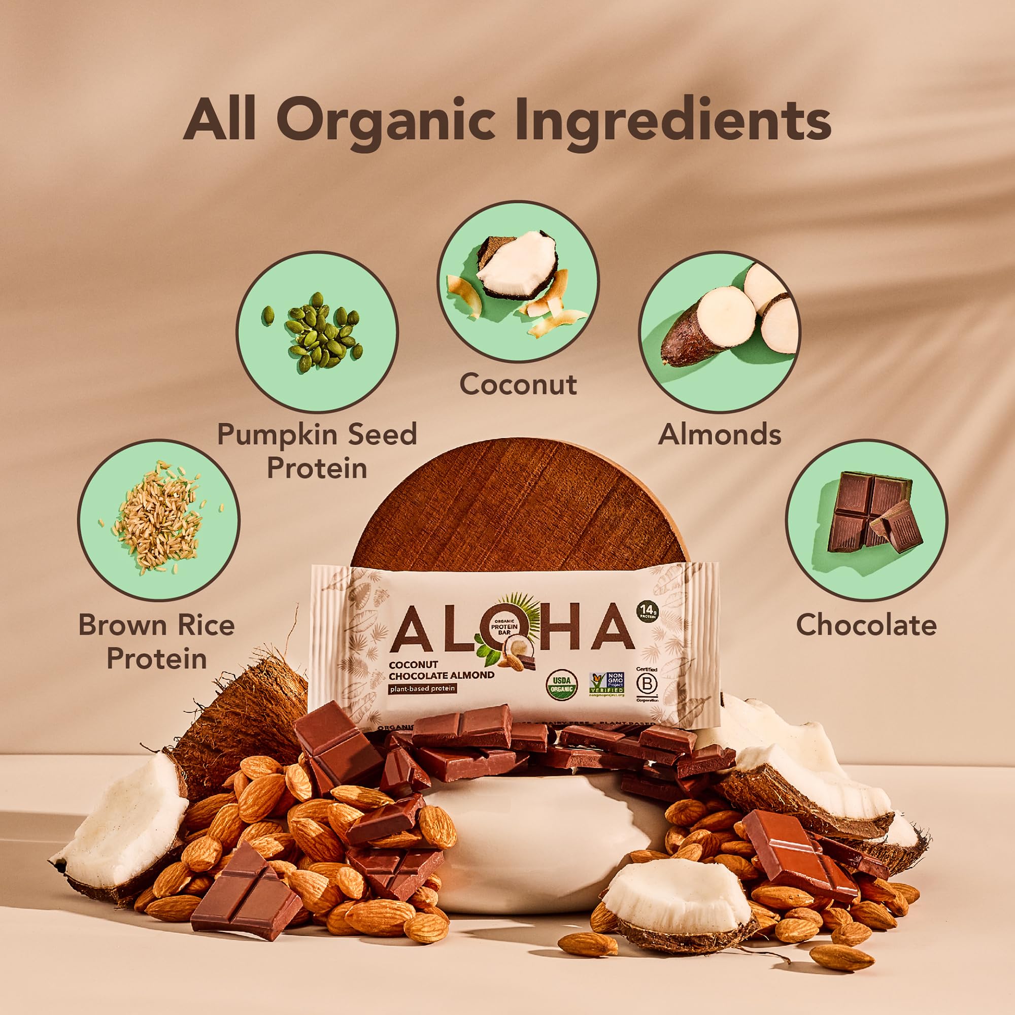 ALOHA close-up of bar texture with almond and coconut pieces for taste appeal