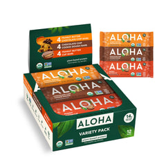 ALOHA front packaging showing 12-count variety pack and organic benefits