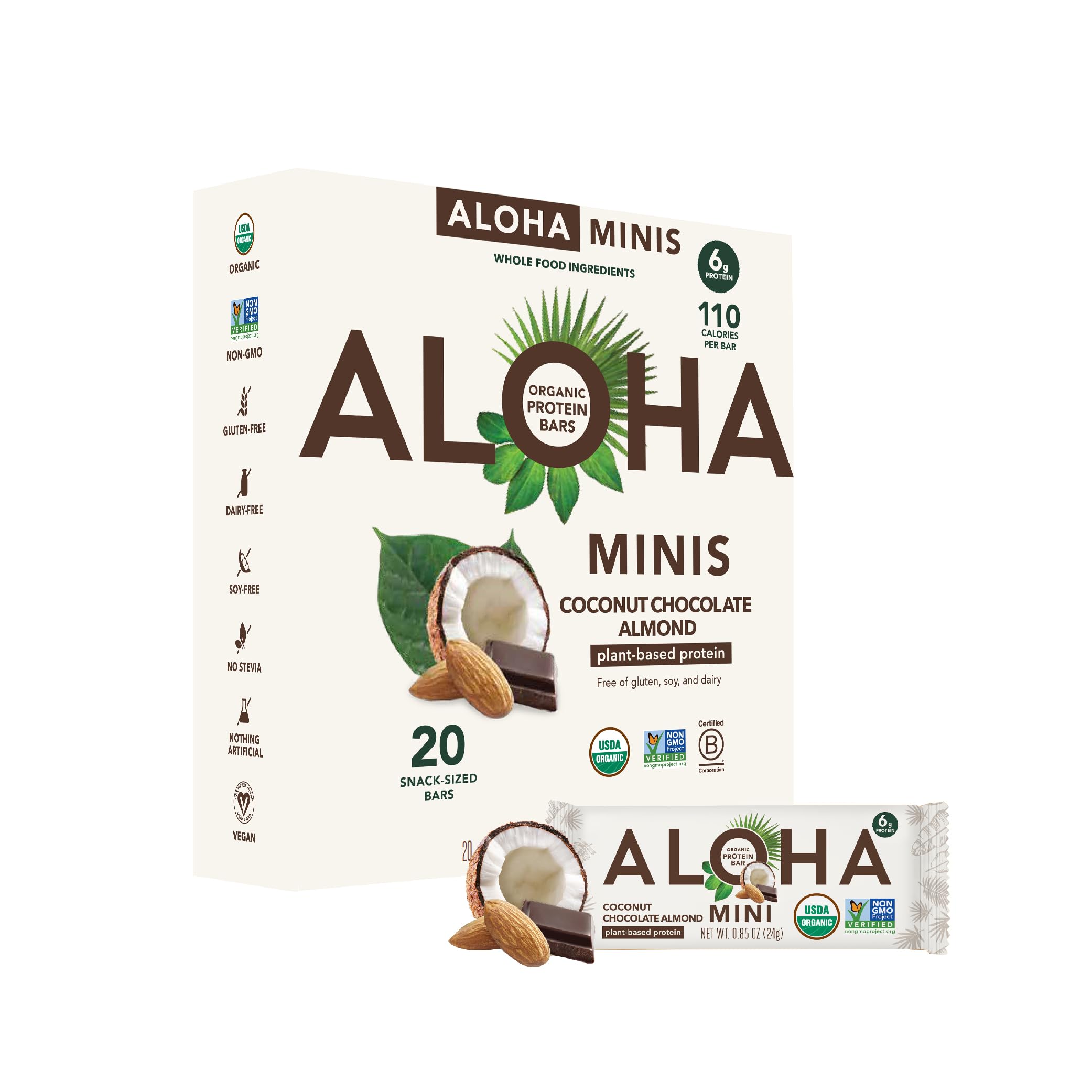 ALOHA front packaging showing coconut chocolate almond flavor and organic claim