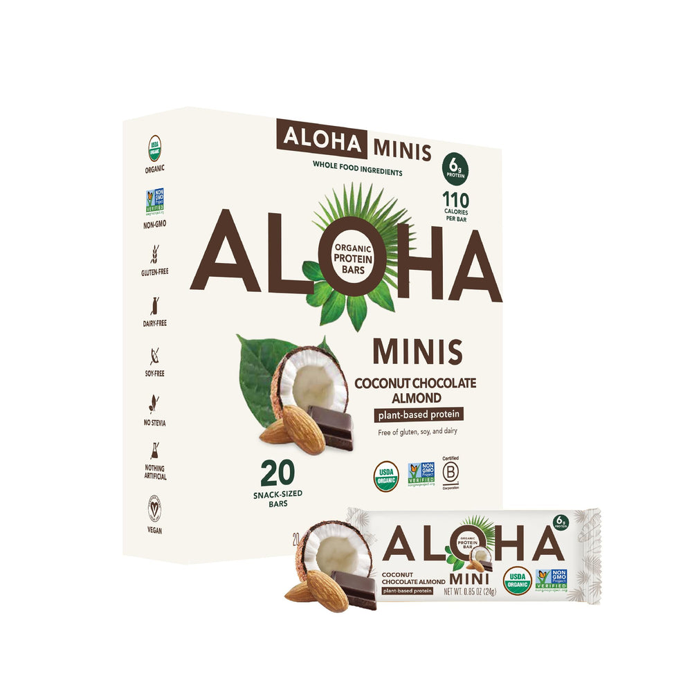 ALOHA front packaging showing coconut chocolate almond flavor and organic claim