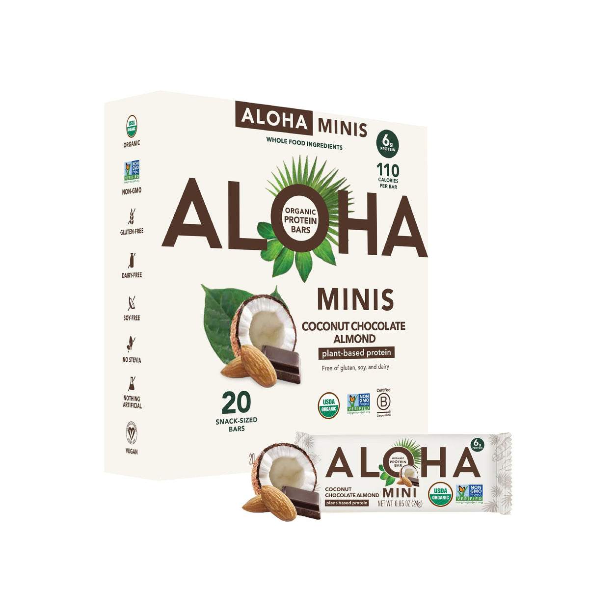 ALOHA front packaging showing coconut chocolate almond flavor and organic claim