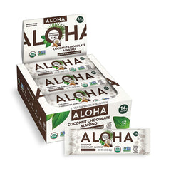 ALOHA front packaging showing coconut chocolate almond flavor and benefits