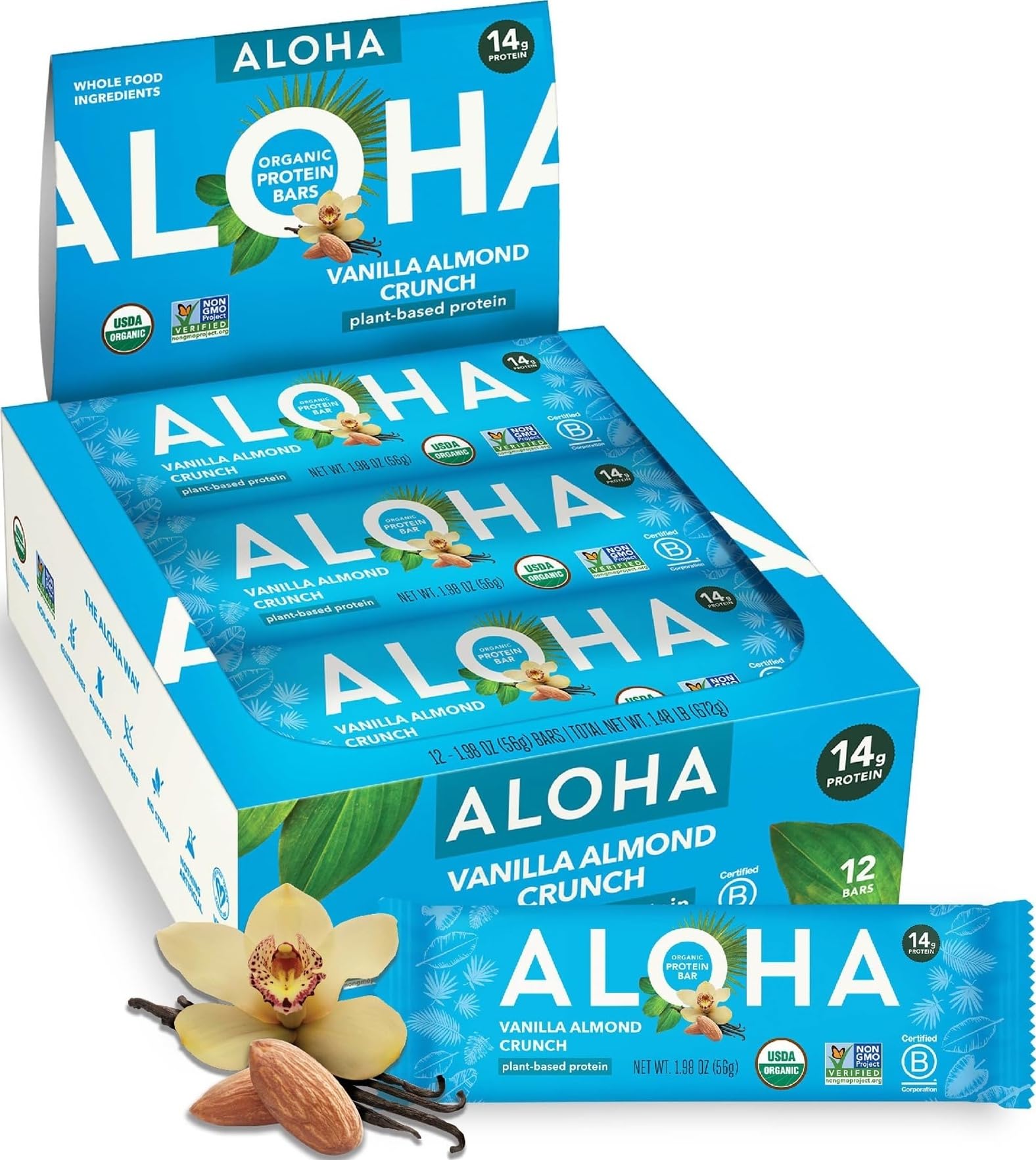 ALOHA front packaging of Vanilla Almond Crunch showing box and branding for easy identification and convenience