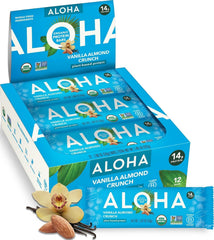 ALOHA front packaging of Vanilla Almond Crunch showing box and branding for easy identification and convenience
