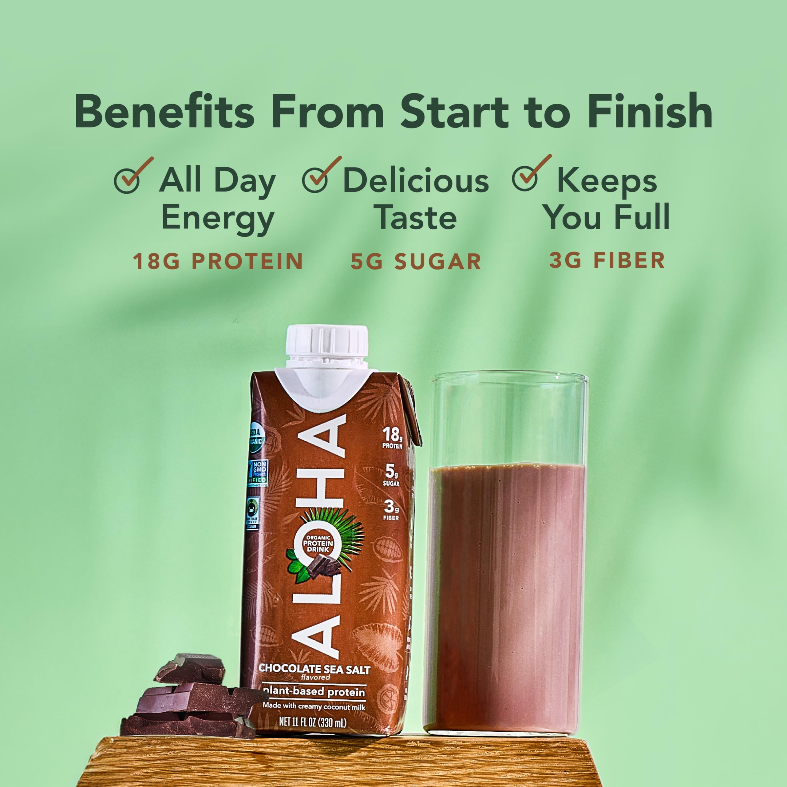 ALOHA ingredients layout featuring pea and brown rice protein sourcing benefit