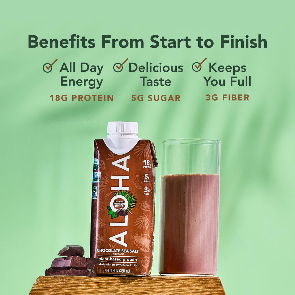 ALOHA ingredients layout featuring pea and brown rice protein sourcing benefit