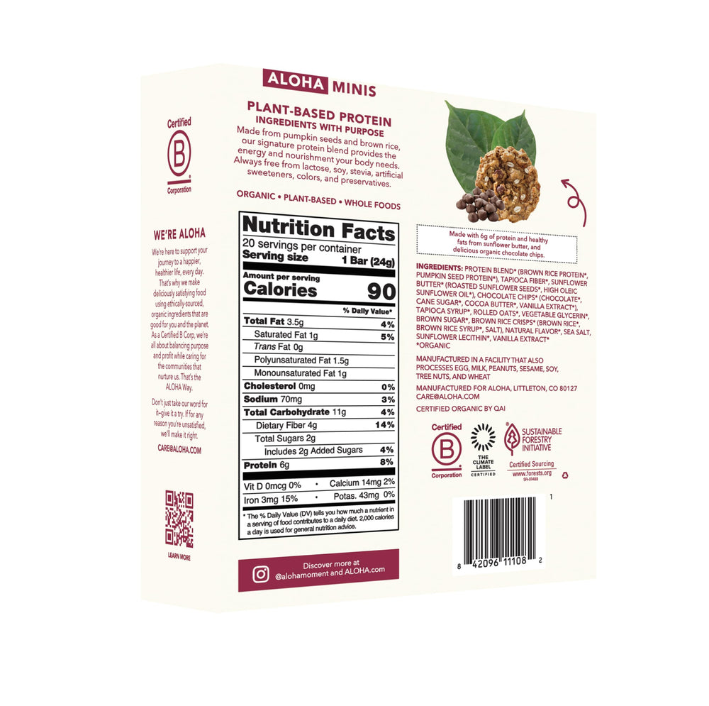 ALOHA single bar unwrapped to show texture and chips, ready-to-eat convenience benefit