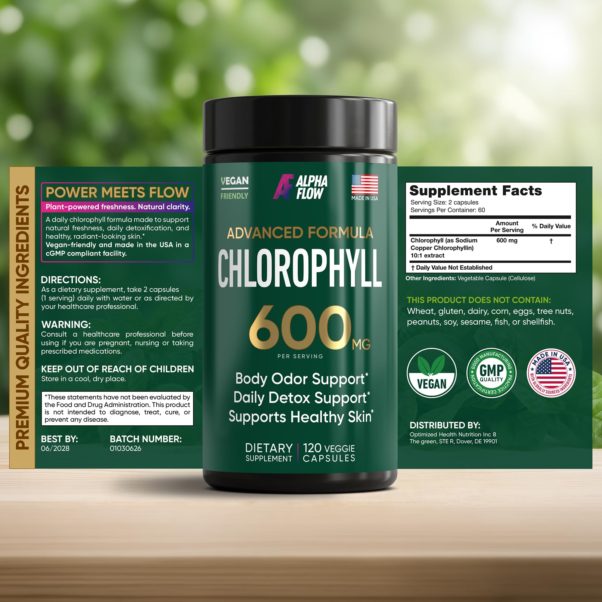 Alpha Flow green powder texture highlighting concentrated plant nutrients