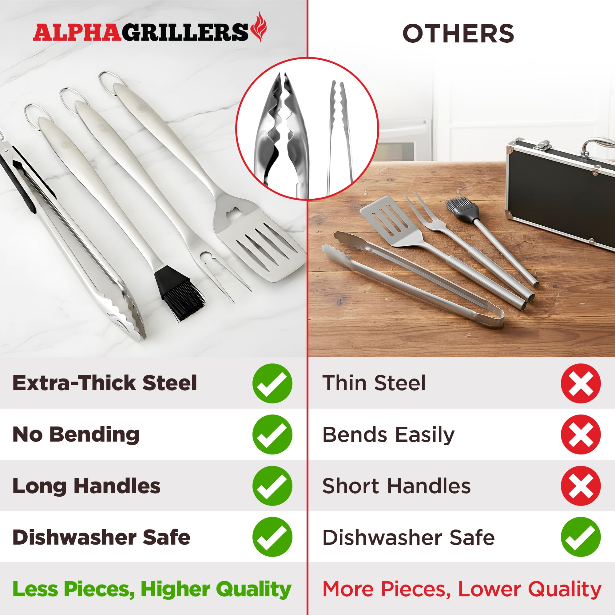 Alpha Grillers spatula closeup showing serrated edge and bottle opener
