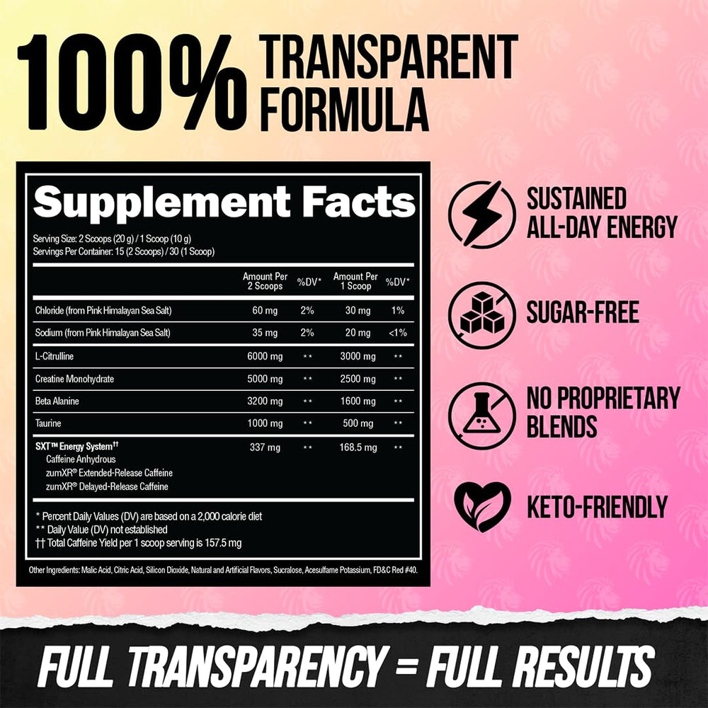 ALPHA LION CORE tub beside measuring tape illustrating 30 servings and value