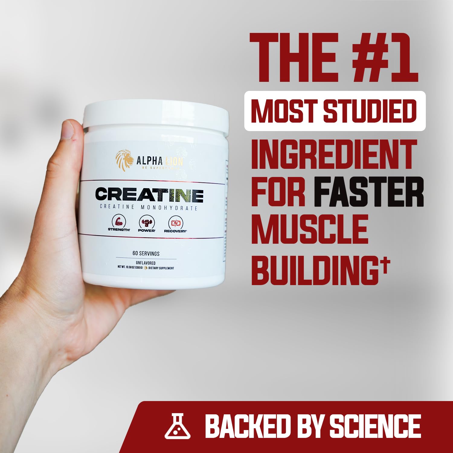 ALPHA LION powder close-up texture, fine-grain creatine for easy mixing and consistency
