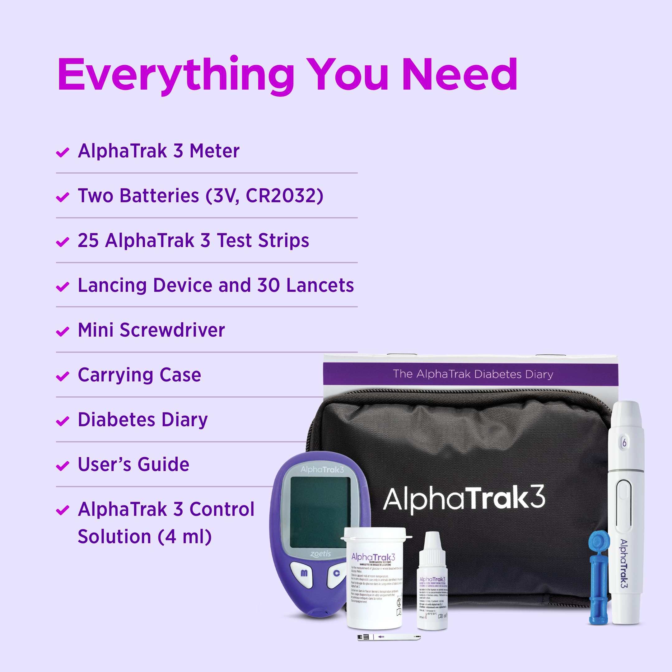 AlphaTRAK kit contents laid out for immediate home testing convenience