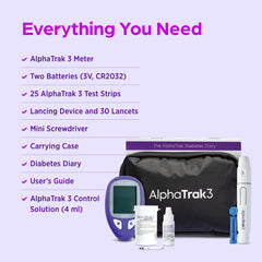 AlphaTRAK kit contents laid out for immediate home testing convenience
