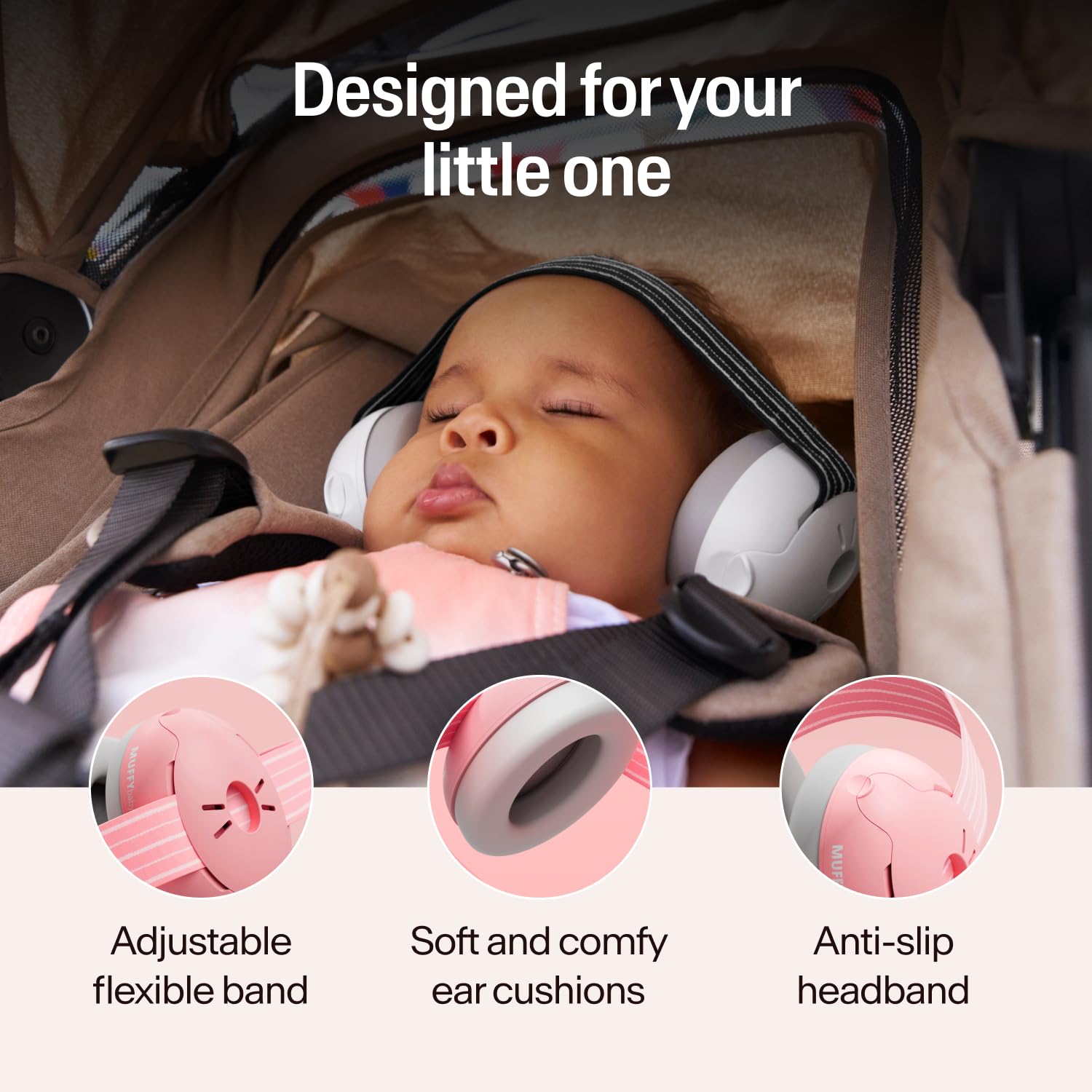 Alpine Muffy Baby headband detail showing adjustable anti‑slip band for stability