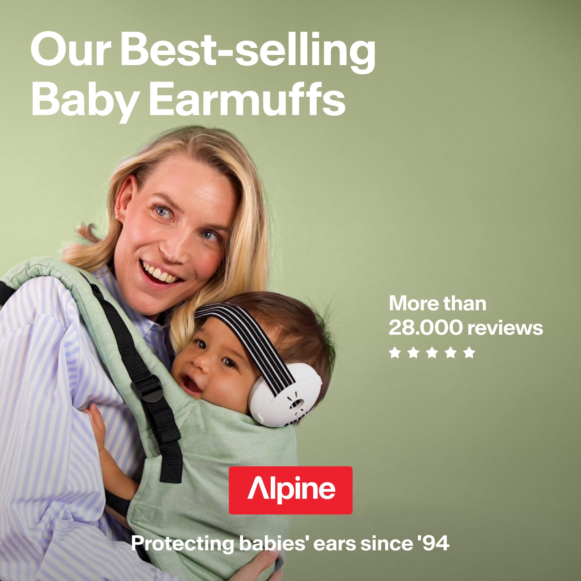 Alpine Muffy Baby packaging and label displaying certification and info