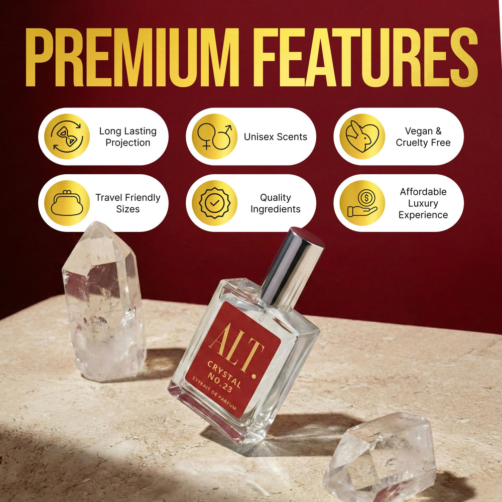 ALT. FRAGRANCES ingredient composition visual suggesting amberwood, jasmine, cedar balance