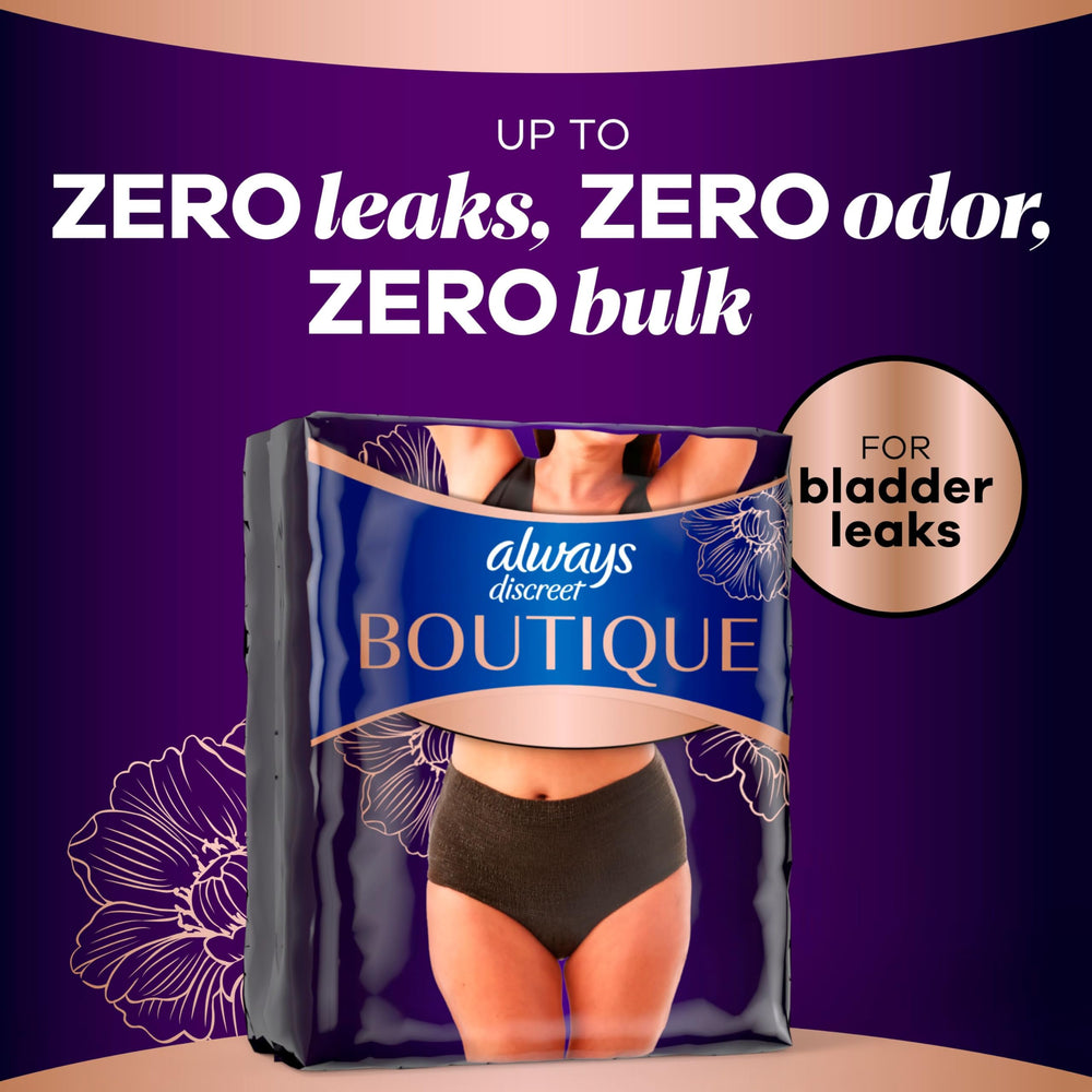 Always Discreet size chart visual helping customers find the correct fit