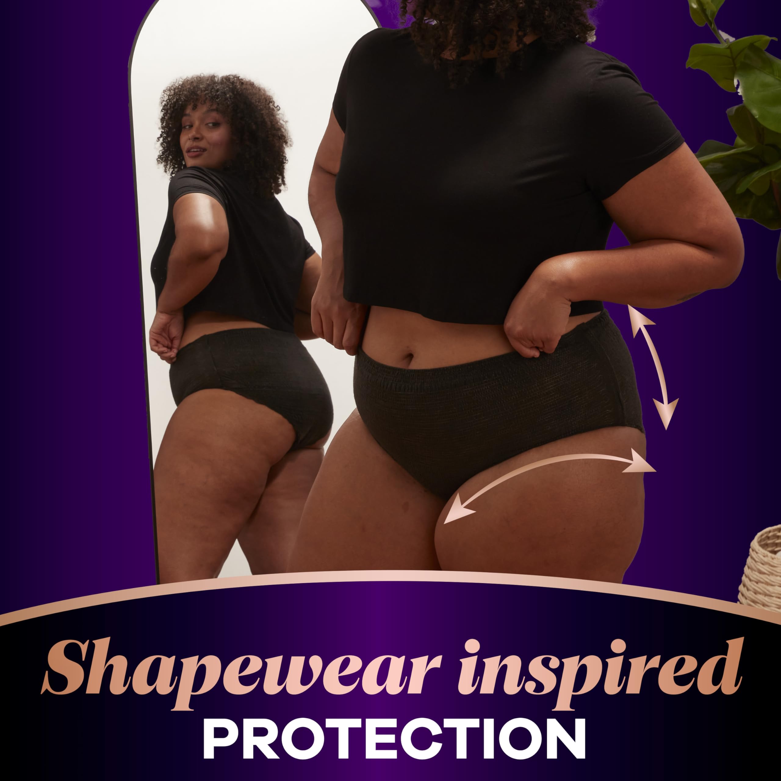 Always Discreet boutique size label and count photo clarifying fit range and quantity benefit