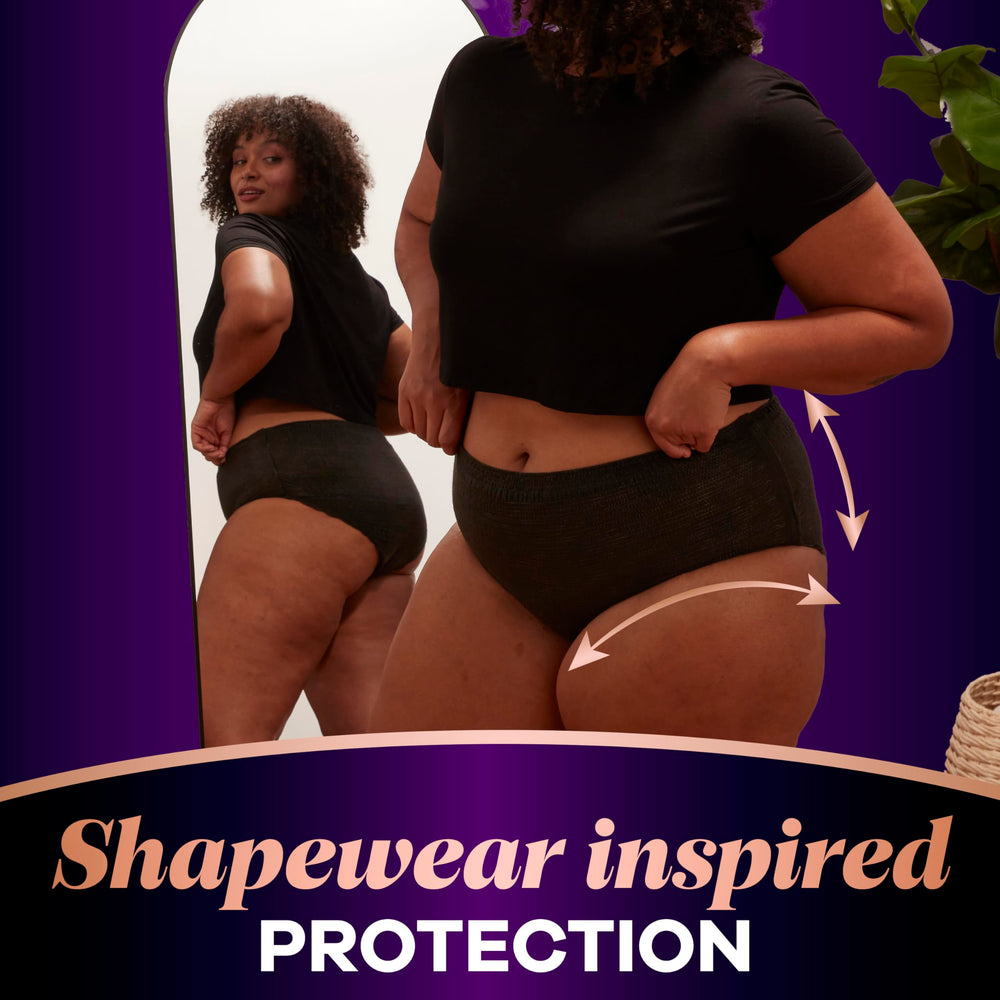 Always Discreet boutique size label and count photo clarifying fit range and quantity benefit