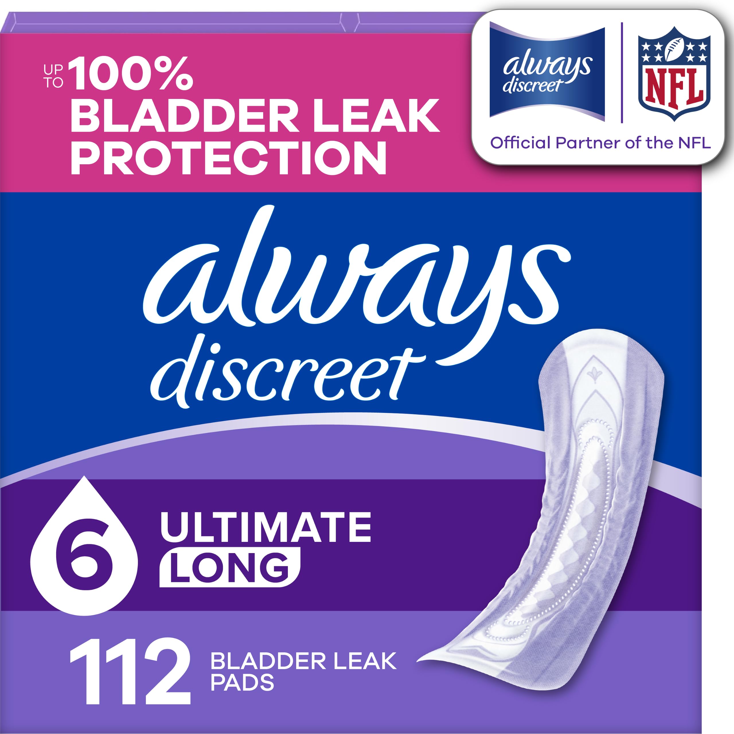 Always Discreet front box 112ct showing value pack and product name for convenience