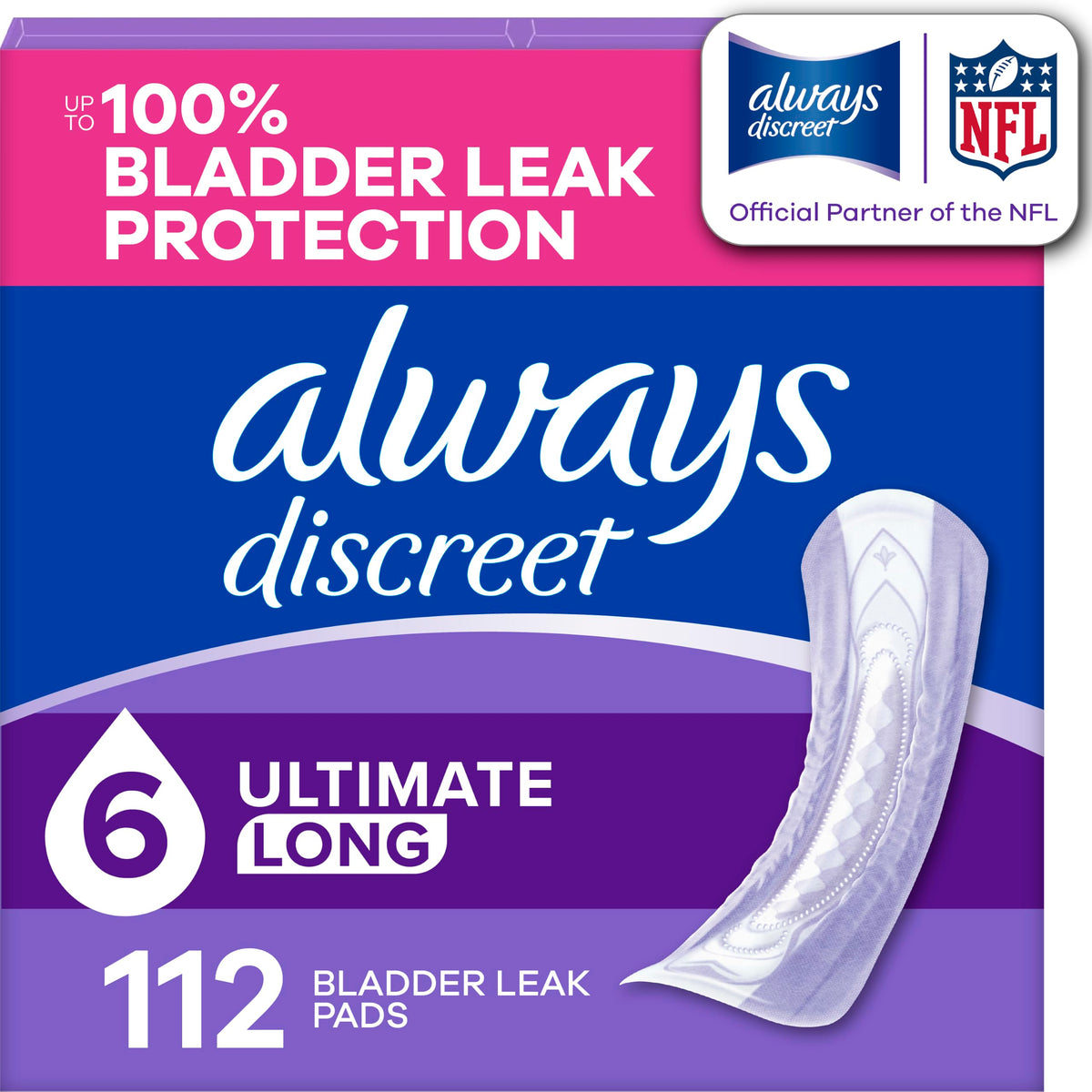 Always Discreet front box 112ct showing value pack and product name for convenience