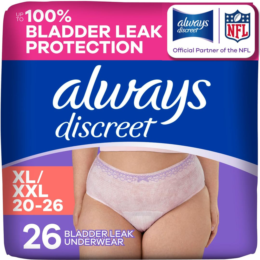 Always Discreet front packaging showing XL 26ct and discreet benefits