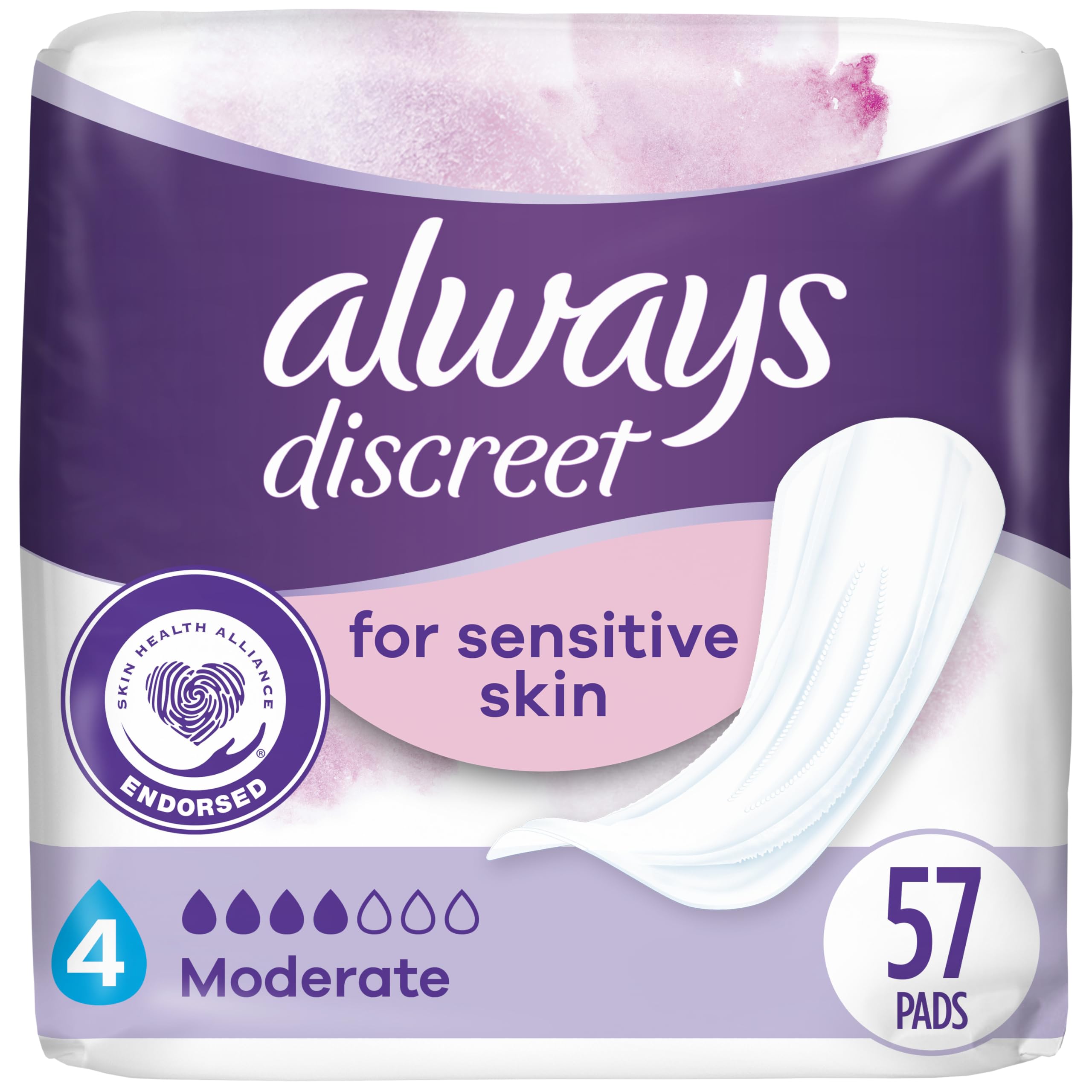 Always Discreet front packaging showing 57 count and discreet protection benefits