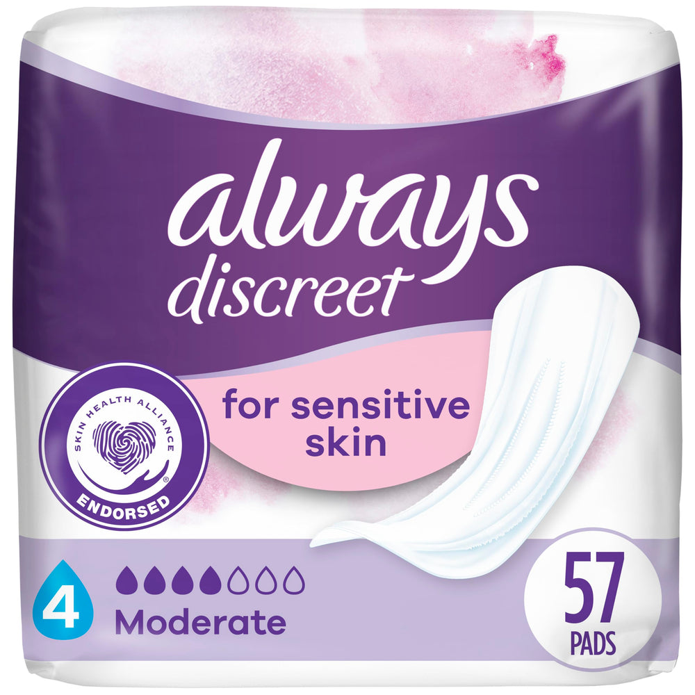 Always Discreet front packaging showing 57 count and discreet protection benefits