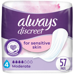 Always Discreet front packaging showing 57 count and discreet protection benefits
