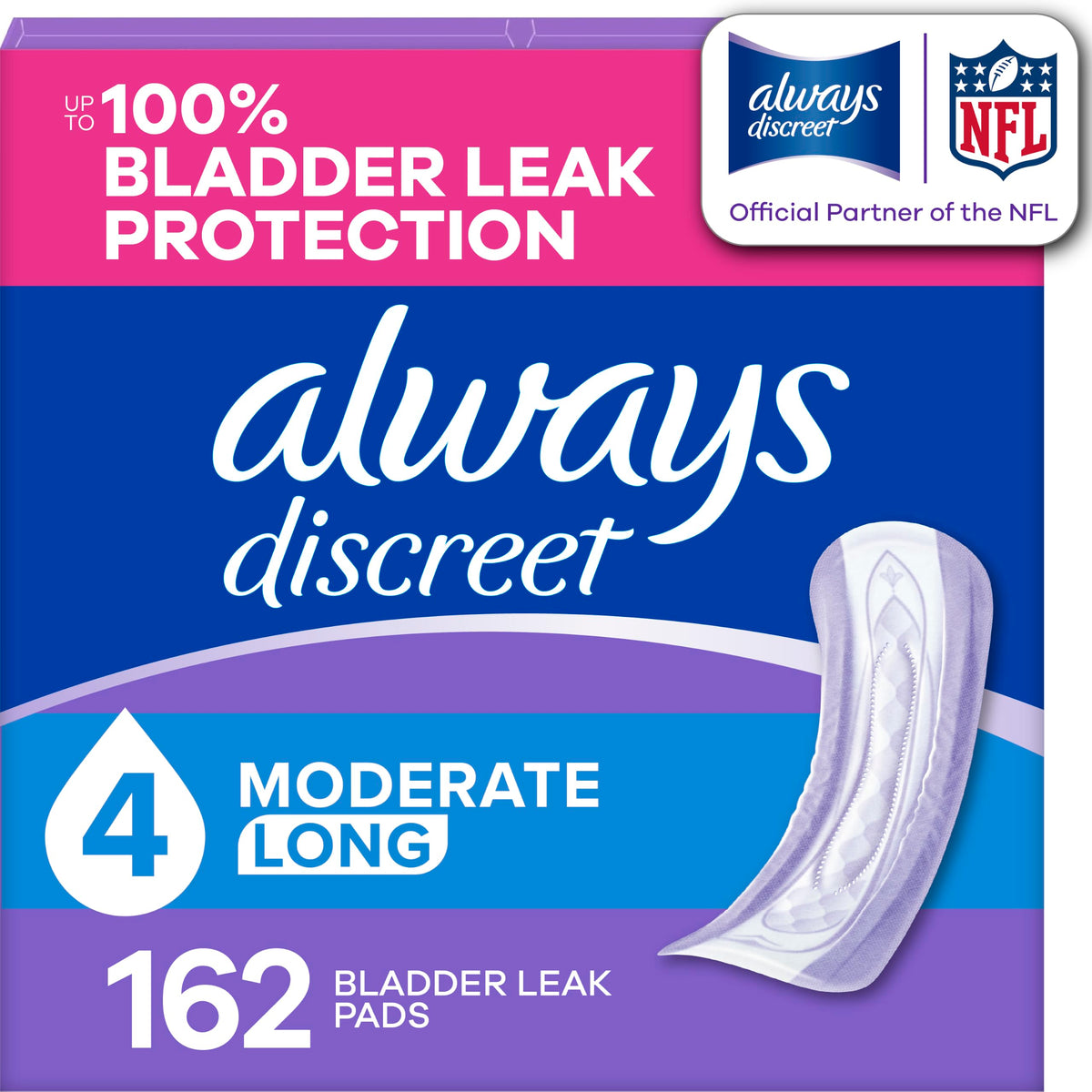 Always Discreet front packaging showing 162ct and long length benefit