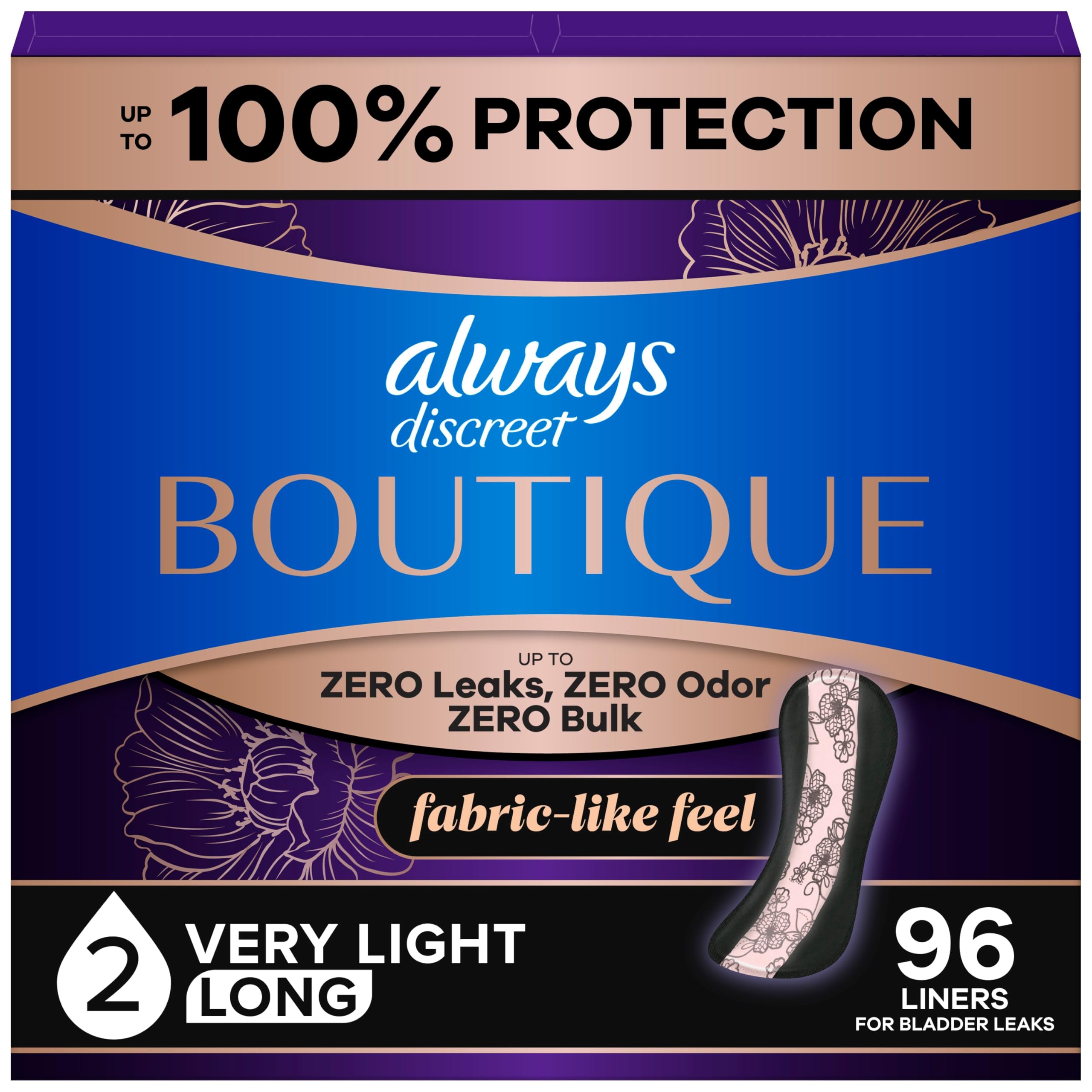 Always Discreet front packaging showing three 32-count packs and product benefits