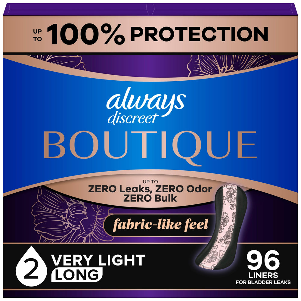 Always Discreet front packaging showing three 32-count packs and product benefits