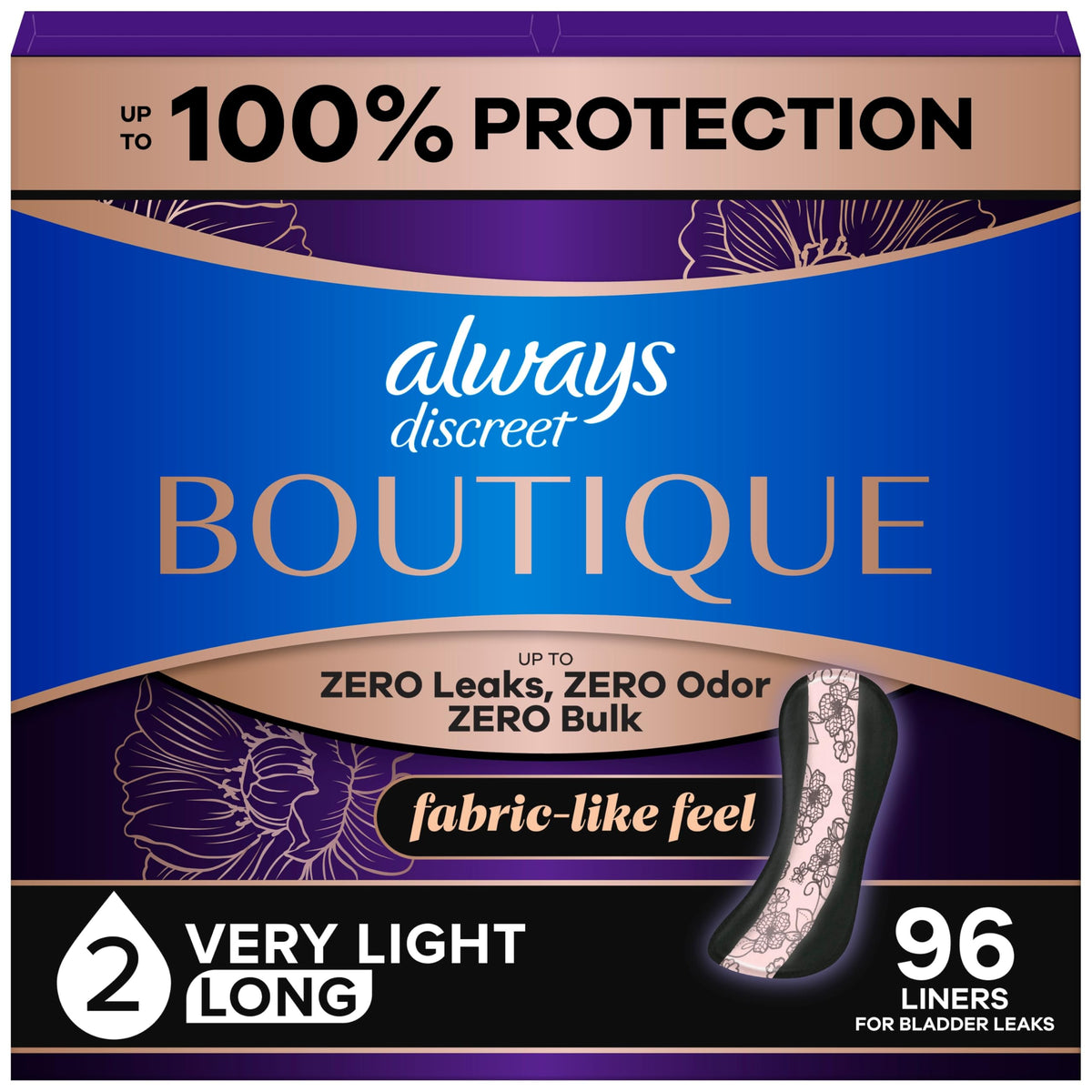 Always Discreet front packaging showing three 32-count packs and product benefits