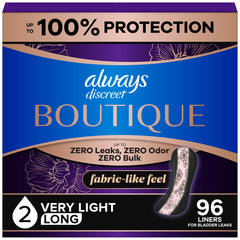Always Discreet front packaging showing three 32-count packs and product benefits