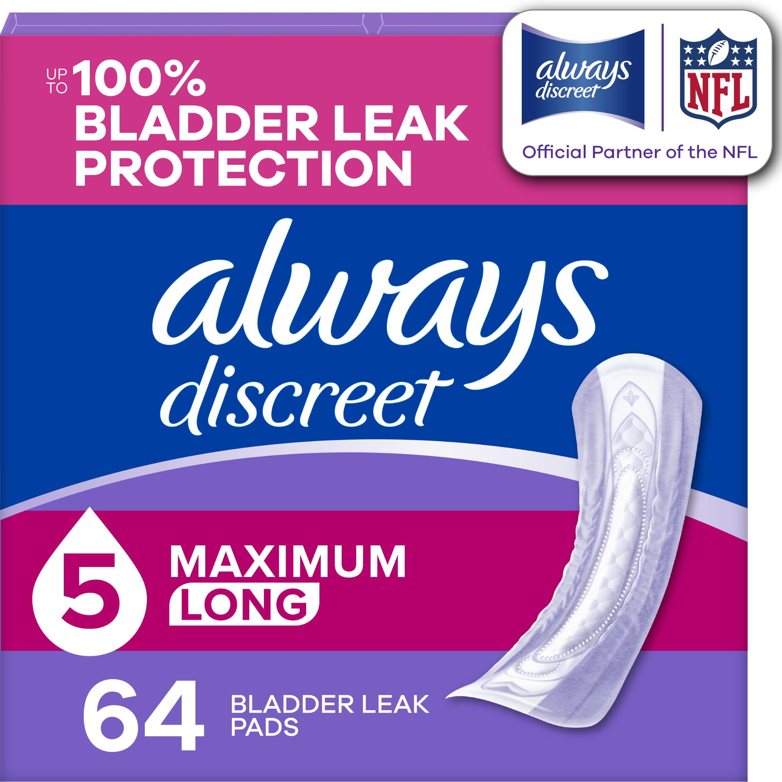 Always Discreet front packaging showing pad count and long length benefit