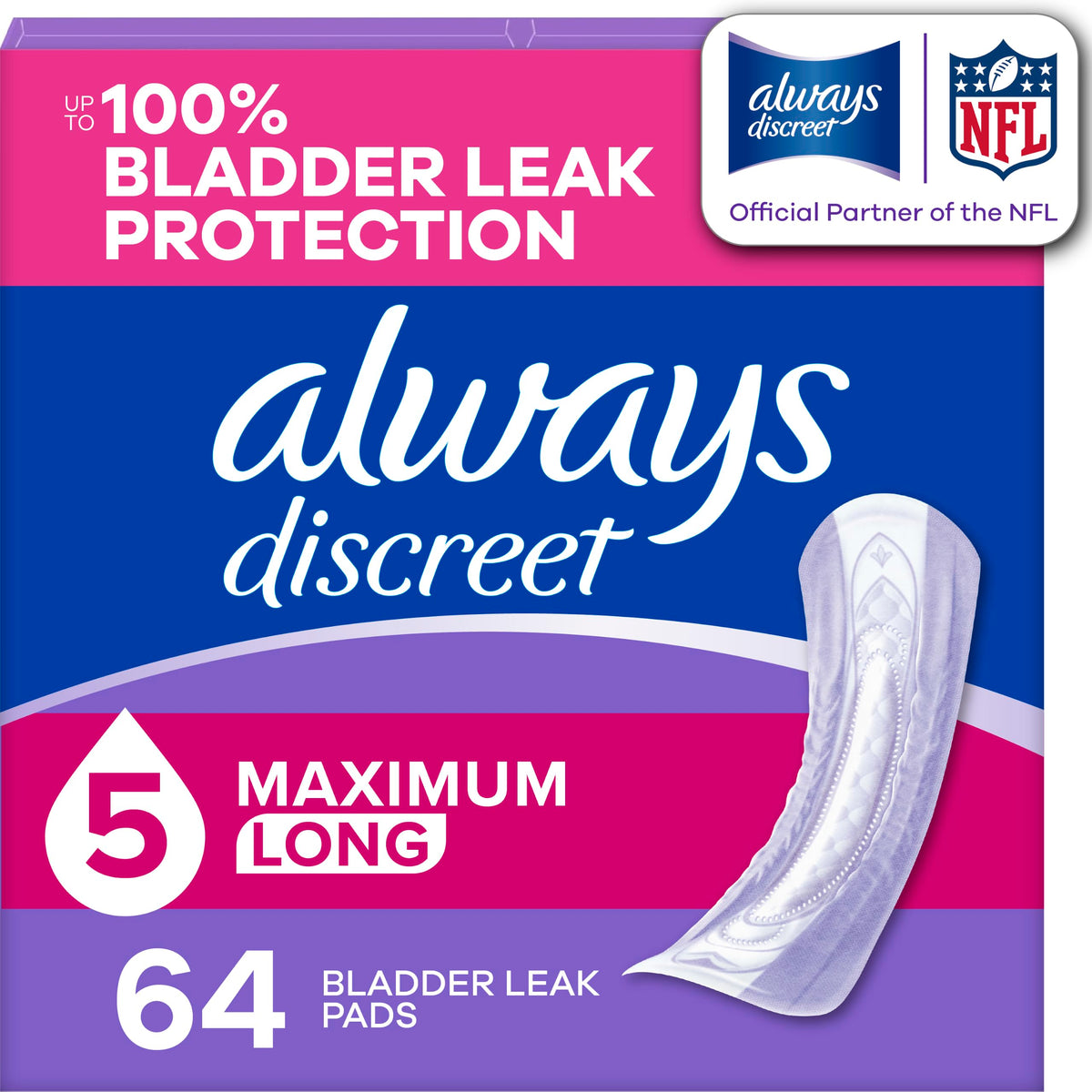 Always Discreet front packaging showing pad count and long length benefit