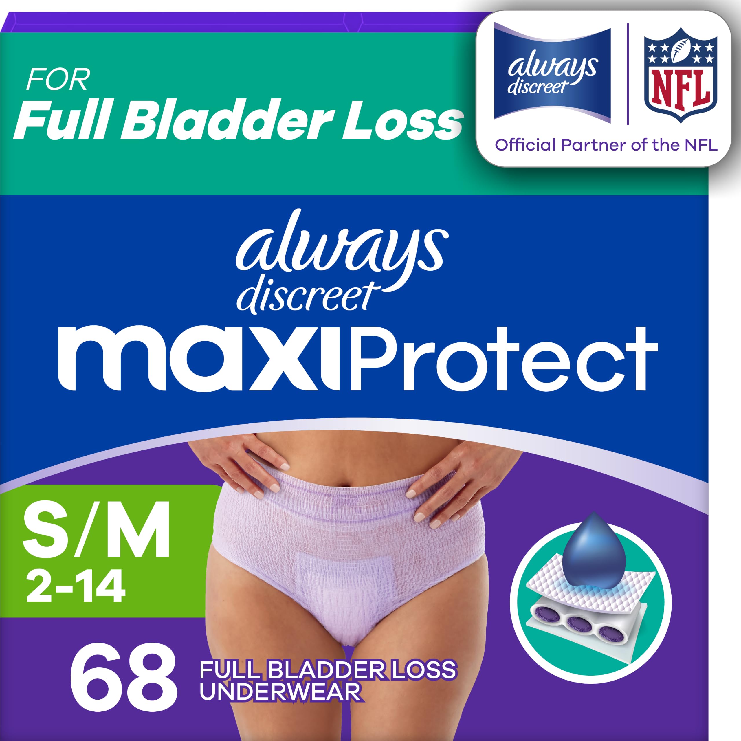 Always Discreet front packaging showing count and absorbency benefit