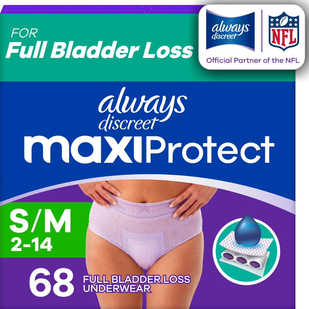 Always Discreet front packaging showing count and absorbency benefit