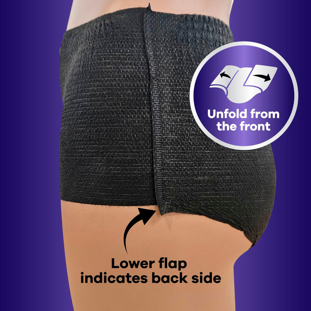 Always Discreet side profile of underwear demonstrating slim, pant-style fit
