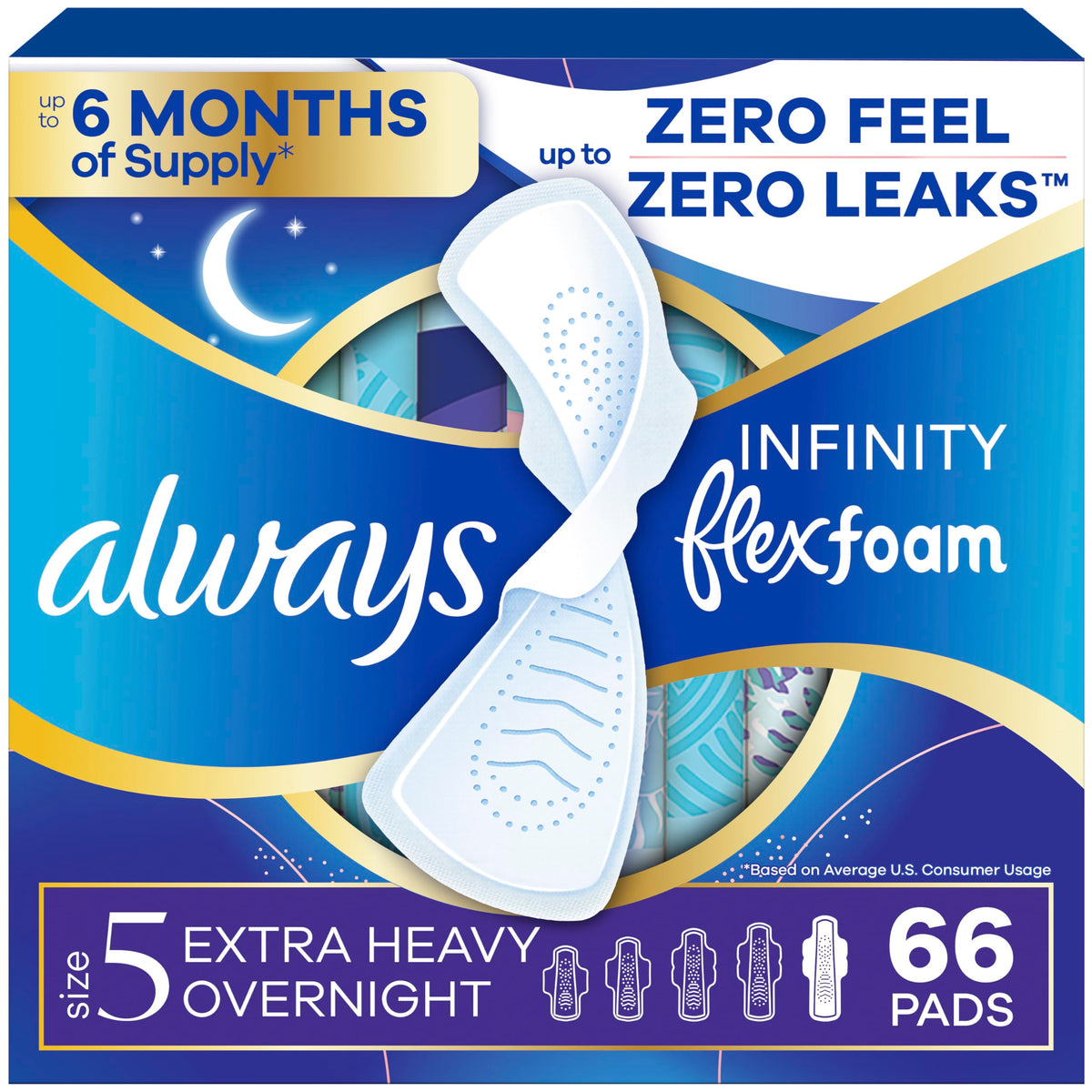 Always Infinity front packaging showing size 5 and benefit of heavy protection