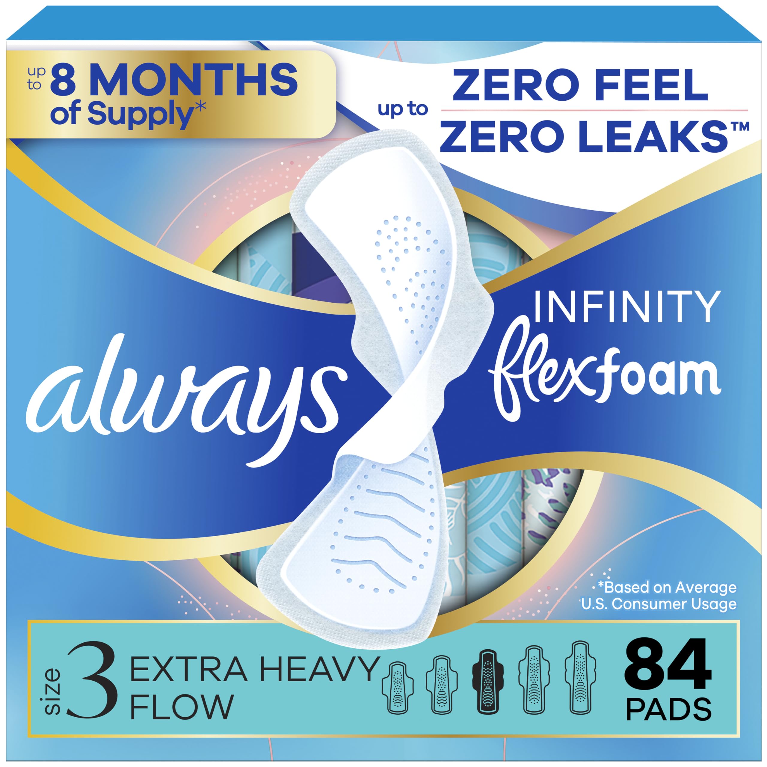 Always Infinity front packaging showing product and count, communicates reliable protection